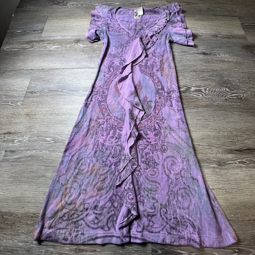 Voila Tunic Dress Womens Small Purple Graphic Print Ruffle V-Neck Y2K McBling